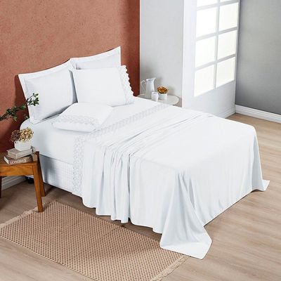 Jogo Cama Lençol Bouclê Casal Padrão Micro Percal 200 Fios C/ Laise Bordada 4 Peças - Branco Neve