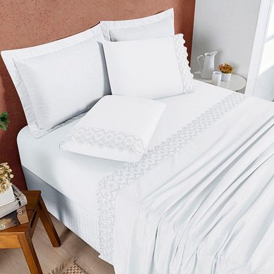 Jogo Cama Lençol Bouclê Casal Padrão Micro Percal 200 Fios C/ Laise Bordada 4 Peças - Branco Neve