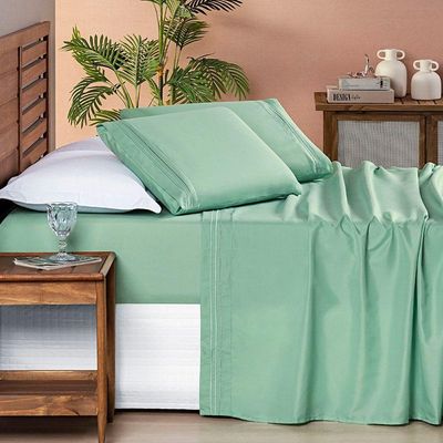 Jogo Cama Lençol Honore King Micro Percal 200 Fios C/ Detalhes Bordados 4 Peças - Salvia Verde