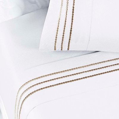 Jogo De Lençol Aria Solteiro 3 Peças Micropercal 200 Fios Suave Detalhe Bordado - Branco Neve Taupe
