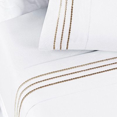 Jogo Cama Lençol Honore King Micro Percal 200 Fios C/ Detalhes Bordados 4 Peças - Branco Neve Taupe