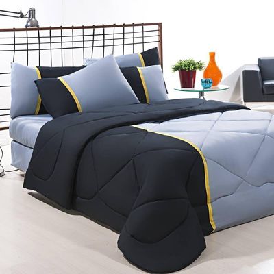 Enxoval Edredom + Jogo De Cama Queen Aconchego Premium 06 Peças Preto- Cinza