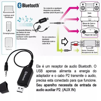 Receptor Bluetooth P2 Usb Adaptador Entrada Auxiliar Carro E Caixa De Som P2