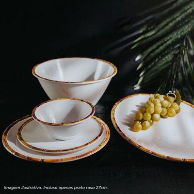 Prato Raso Borda De Bambu Melamina Branco Bon Gourmet 27cm