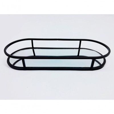 Bandeja Oval Espelhada Metal Preto Lavabo Multiuso 30x12cm