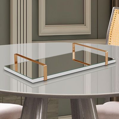 Bandeja Espelhada 25x50cm Borda Infinita Branca Com Alça Cobre