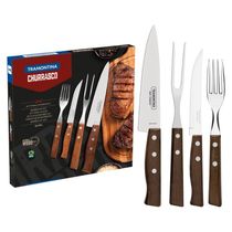 Jogo De Talheres Para Churrasco Tramontina Em Aço Inox Com Cabo De Madeira Natural 14 Peças