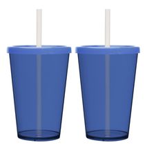 Kit 2 Copos Casal Canudo E Tampa Cinema Filmes 670ml Lisos Cor:azul Marinho
