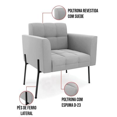 Poltrona Pé De Ferro Preto Para Sala Kit 2 Elisa Suede Cinza D03 - D'rossi