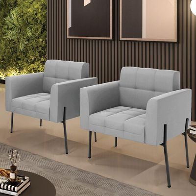 Poltrona Pé De Ferro Preto Para Sala Kit 2 Elisa Suede Cinza D03 - D'rossi