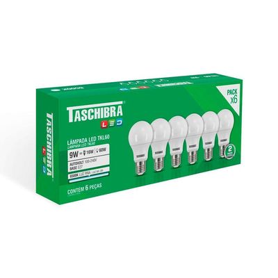 Kit 6 Lâmpadas Led Taschibra Tkl 60 9w E27 Bivolt 6500k Luz Branca