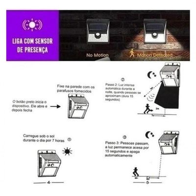 Luminária Solar Arandela Kit 2 - 30 Led Sensor De Presença