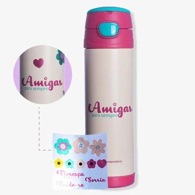 Garrafa Térmica Top Handle Com Adesivos Amigas Floral 500ml