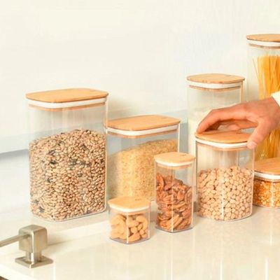 Conjunto De Potes Herméticos Retangular Keep 6 Peças Transparente Com Tampa De Bambu Ou