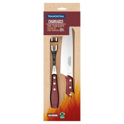 Jogo Trinchante Para Churrasco Tramontina Em Aço Inox Com Cabo Vermelho Polywood 2 Peças Tramontina