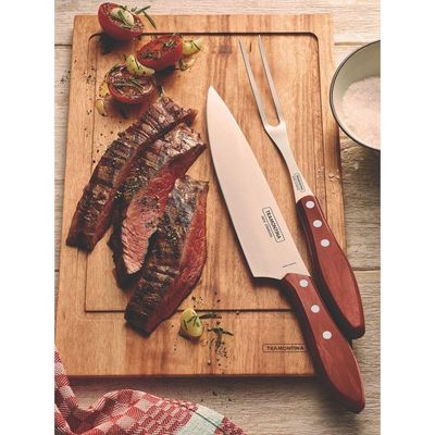 Jogo Trinchante Para Churrasco Tramontina Em Aço Inox Com Cabo Vermelho Polywood 2 Peças Tramontina