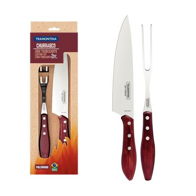 Jogo Trinchante Para Churrasco Tramontina Em Aço Inox Com Cabo Vermelho Polywood 2 Peças Tramontina