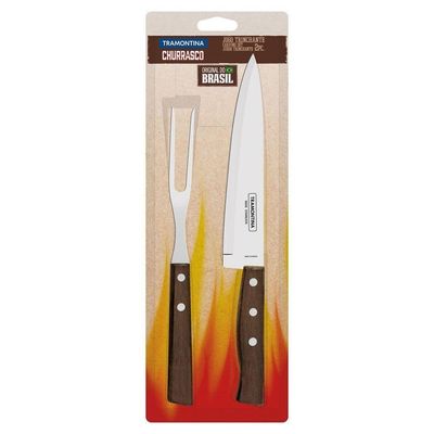 Jogo Trinchante Para Churrasco Tramontina Em Aço Inox Com Cabo Em Madeira Natural 2 Peças Tramontina