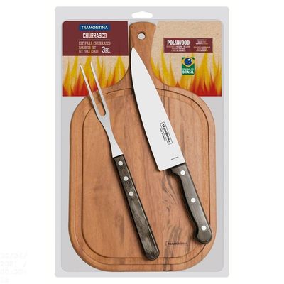 Kit Para Churrasco Em Aço Inox Cabo Castanho Polywood Com Tábua De Madeira 3 Peças