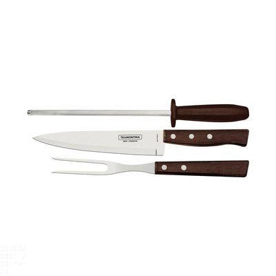 Jogo Para Churrasco Em Aço Inox Com Cabo Marrom Madeira E Polipropileno 3 Peças