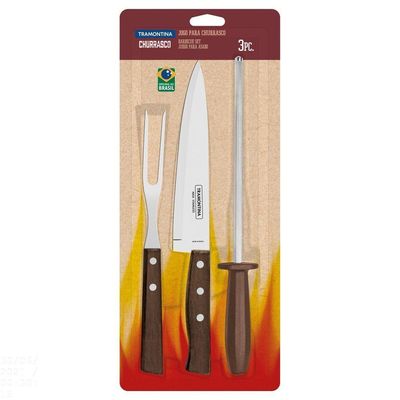 Jogo Para Churrasco Em Aço Inox Com Cabo Marrom Madeira E Polipropileno 3 Peças