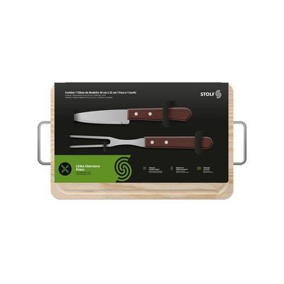 Kit Churrasco De Madeira Pinus Com Garfo E Faca - Stolf 35x21