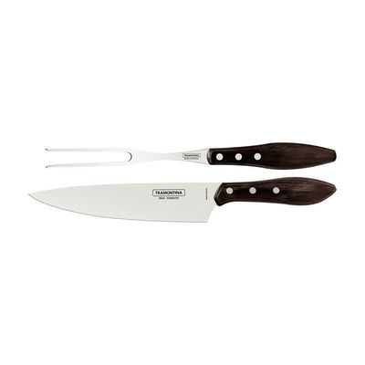 Jogo Trinchante Para Churrasco Tramontina Em Aço Inox Com Cabo Castanho Polywood 2 Peças Tramontina