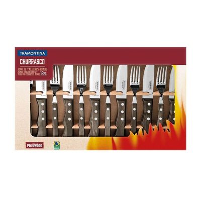 Jogo De Talheres Para Churrasco Jumbo Em Aço Inox Com Cabo Castanho Polywood 12 Peças - Tramontina