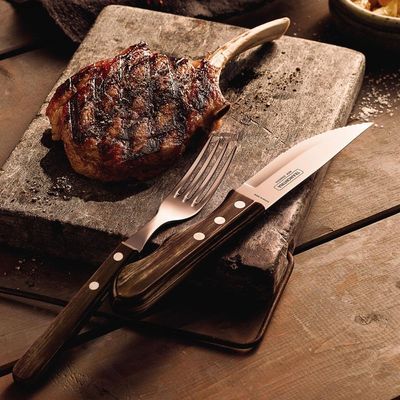 Jogo De Talheres Para Churrasco Jumbo Em Aço Inox Com Cabo Castanho Polywood 12 Peças - Tramontina