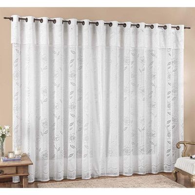 Cortina Luna 2,00M X 2,50M Branca Tecido Renda Floral Leve Para Sala Ou Quarto