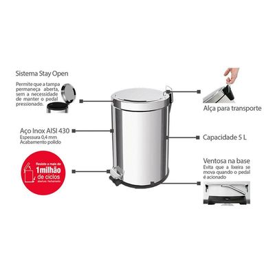 Lixeira Tramontina Brasil Com Pedal 5l Redonda Inox 94538105