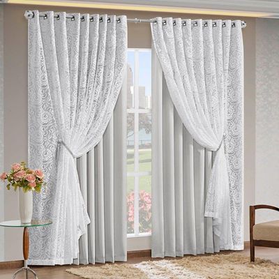 Cortina Monalisa 3,00M X 2,50M Varão Simples Tecido Blackout Com Renda Floral - Gelo