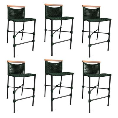 Kit 6 Banquetas Em Corda Náutica Base Em Alumínio Preta Com Detalhe Em Madeira Verde Musgo Verde