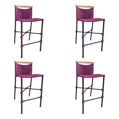 Kit 4 Banquetas Anne Em Corda Náutica Base Em Alumínio Preta Com Detalhe Em Madeira Rosa - Cor: Rosa
