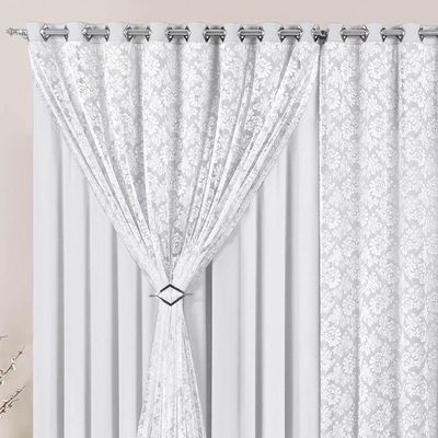 Cortina Yasmin 4 Metros Branca Tecido Malha Com Renda Floral Sala Ou Quarto