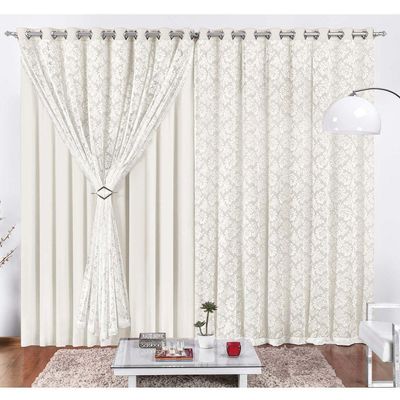 Cortina Yasmin 4 Metros Palha Tecido Malha Com Renda Floral Sala Ou Quarto