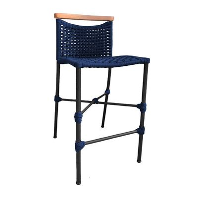 Kit 4 Banquetas Em Corda Náutica Base Em Alumínio Preta Com Detalhe Em Madeira Azul Marinho Azul