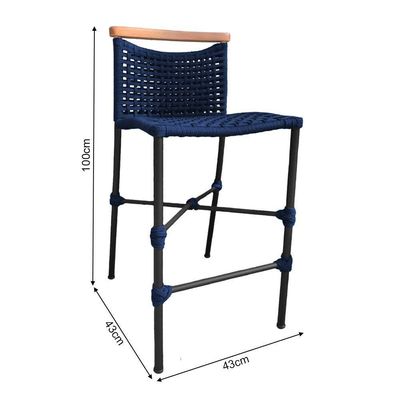 Kit 4 Banquetas Em Corda Náutica Base Em Alumínio Preta Com Detalhe Em Madeira Azul Marinho Azul