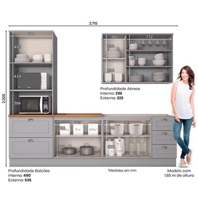Cozinha Completa 4 Peças Com Aéreo 3 Portas Com Vidro Amy Casa 812 Cinza