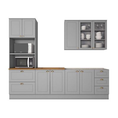 Cozinha Completa 4 Peças Com Aéreo 3 Portas Com Vidro Amy Casa 812 Cinza