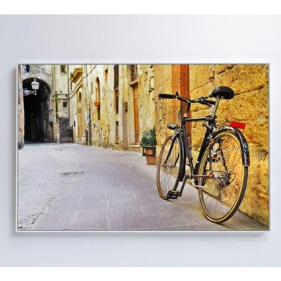 Quadro Bicicleta Clássica Na Viela 60x40 Cm Vidro Impresso