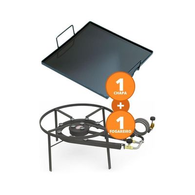 Kit Camping 6 - Fogareiro Fogão F2b10 Redondo 40cm Duplo De Mesa + Chapa Bifeteira 32cm - Progás