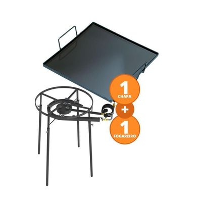 Kit Camping 9 - Fogareiro Fogão F2b10p Redondo 40cm Duplo De Pé + Chapa Bifeteira 32cm - Progás