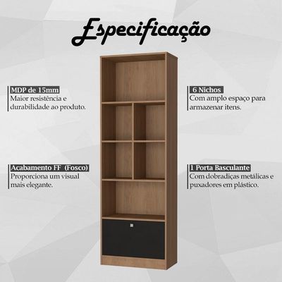 Estante Livreiro 1 Porta Basculante E 6 Nichos B37 Mell Preto Novam Mell