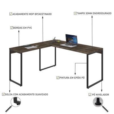 Mesa Em L Diretor 150X150X75Cm Carvalho Dark/Preta