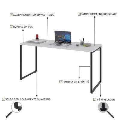 Mesa Office 150X60X75Cm Branco Chess / Est.Preta