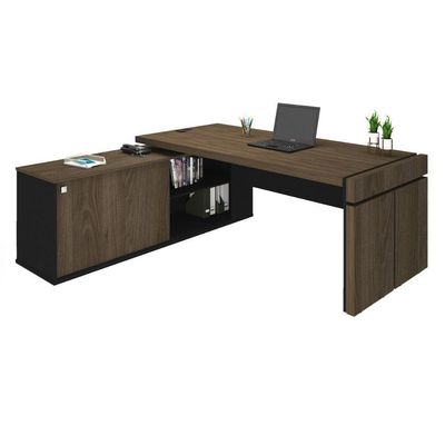 Mesa Para Escritório Em L Com Tomada 2 Gavetas Charuto Preto