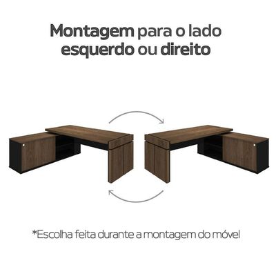 Mesa Para Escritório Em L Com Tomada 2 Gavetas Charuto Preto