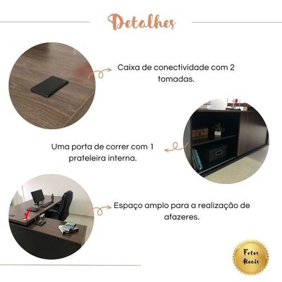 Mesa Para Escritório Em L Com Tomada 2 Gavetas Charuto Preto