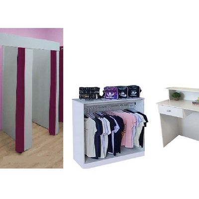 Kit com Provador Duplo 1 Balcão Arara e 1 Balcão Atendimento